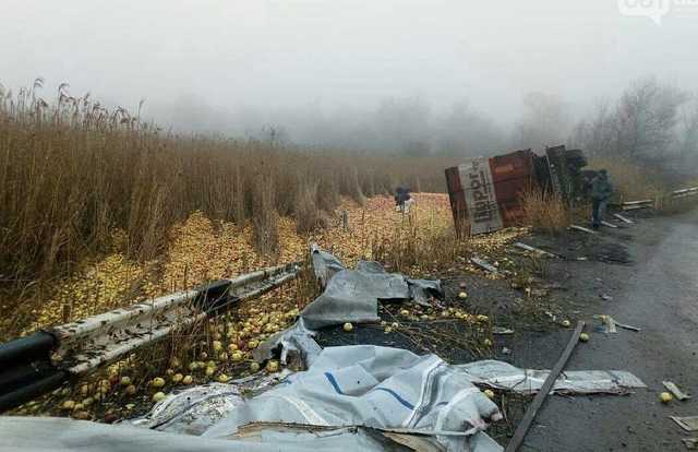 На Запорожье фура из-за ДТП рассыпала на дороге 20 тонн яблок