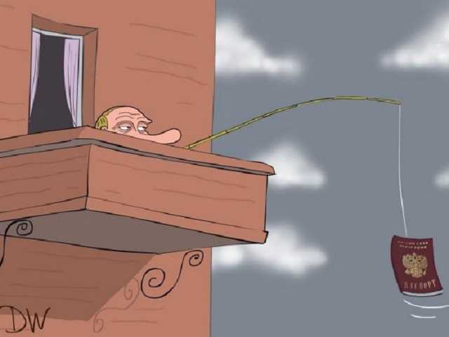 «Рыбалка» Путина: выдачу российских паспортов жителям ОРДЛО изобразили меткой карикатурой