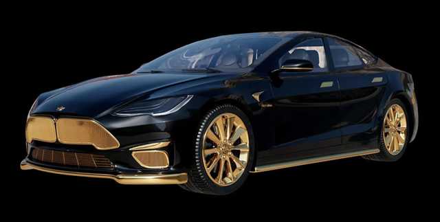 Золотая Tesla. В России покрыли настоящим золотом электрокар Model S