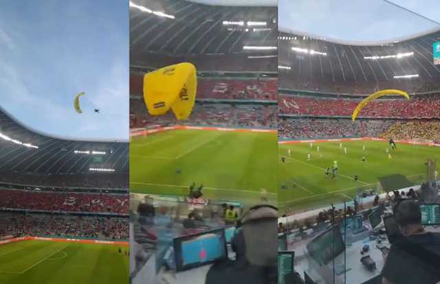 Парашютист чуть не врезался в трибуны перед началом матча Франция — Германия