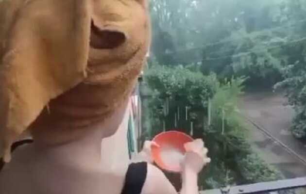 "Русский мир": в Донецке люди под дождем моют посуду