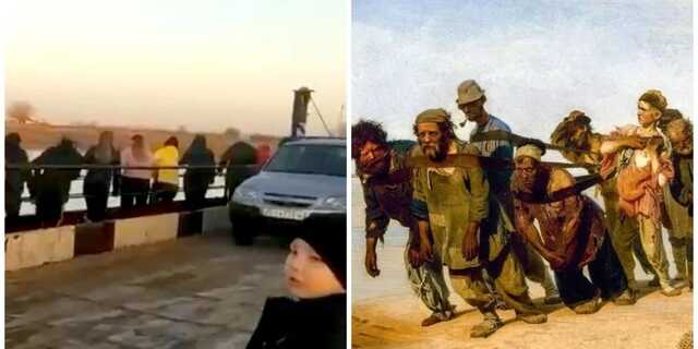 Картина Рєпіна: У Росії жінок запрягли тягнути пором з автомобілями