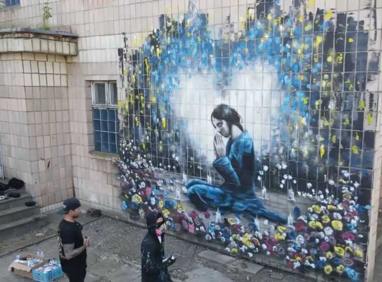 A mural was created in Bucha at the site of war crimes by Russian occupiers