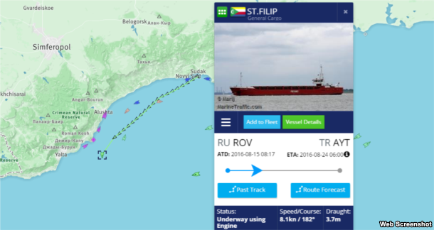 Скриншот системы MarineTraffic: сухогруз St. Filip под флагом Коморских островов следует из Судака в Анталью dqxikeidqxiqqeant