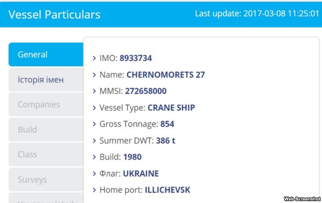 Информация об украинском плавкране «Черноморец-27» в базе MarineTraffic