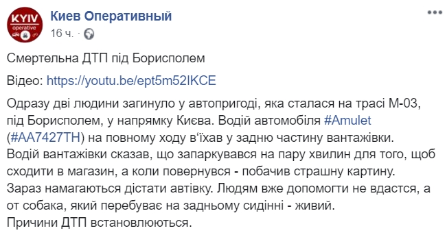 Авария на трассе в Борисполь. Скриншот: Киев Оперативный dqxikeidqxiqqeant