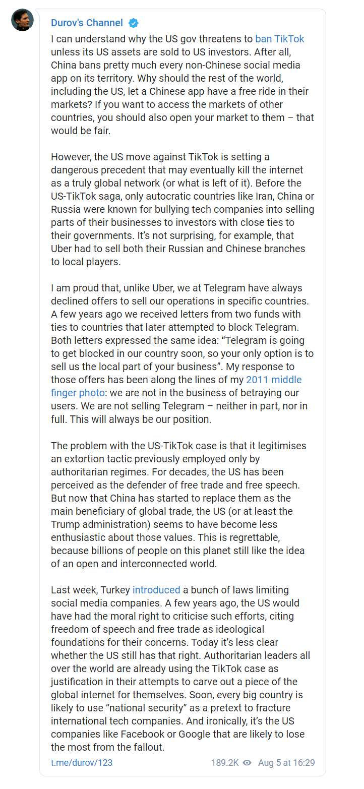 Скриншот из Telegram Павла Дурова dqxikeidqxiqqeant