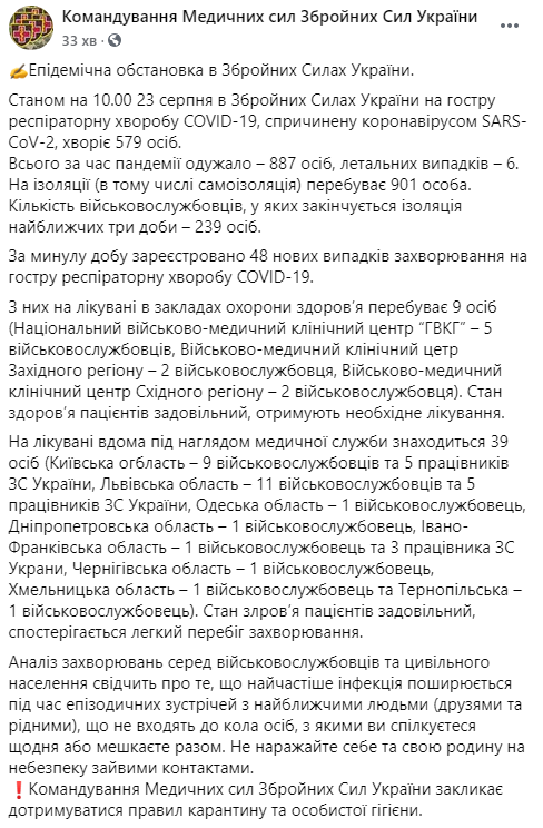 За сутки коронавирус выявили у 48 бойцов ВСУ. Скриншот: ВСУ в Фейсбук dqxikeidqxiqqeant