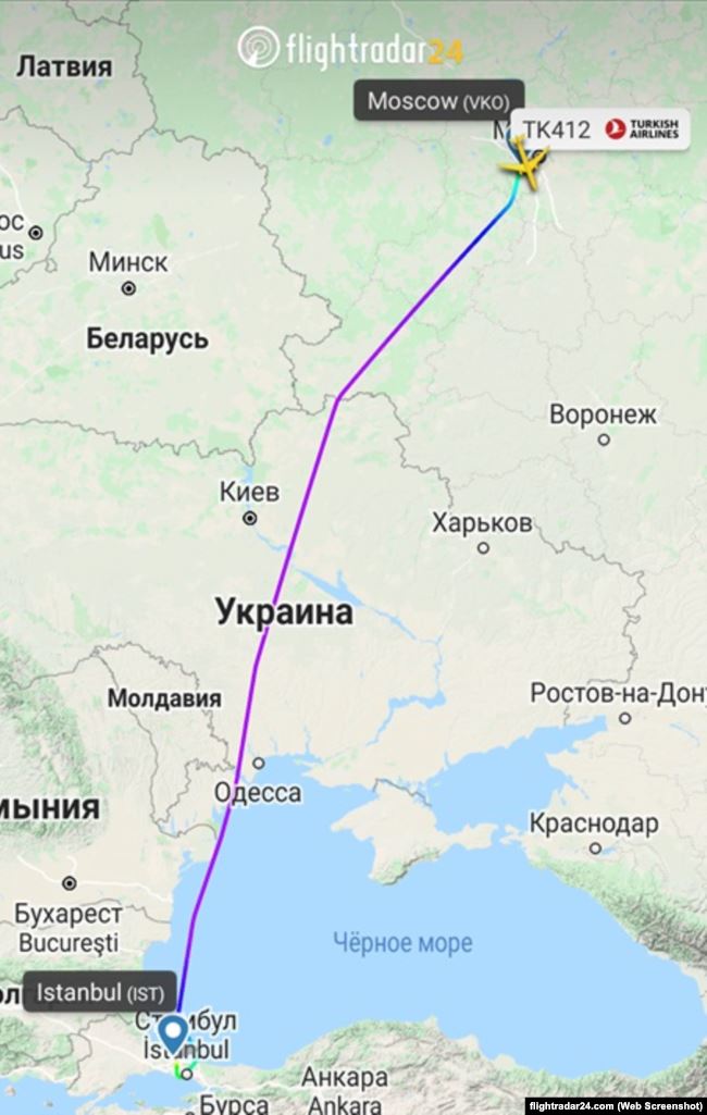 Трек рейса TK412 "Турецких авиалиний" по маршруту Москва-Стамбул