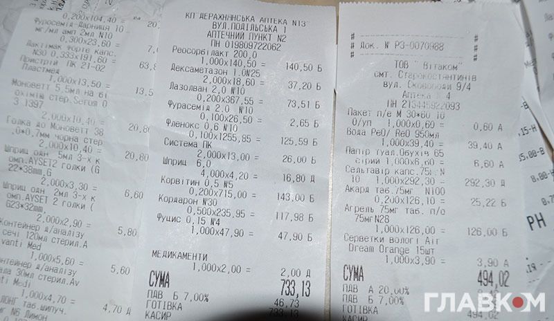 Писатель показал чеки на приобретенные за свой счет лекарства.