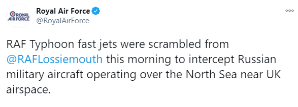Британские ВВС перехватили два российских военных самолета около Шотландии. Скриншот: ВВС в Твиттере