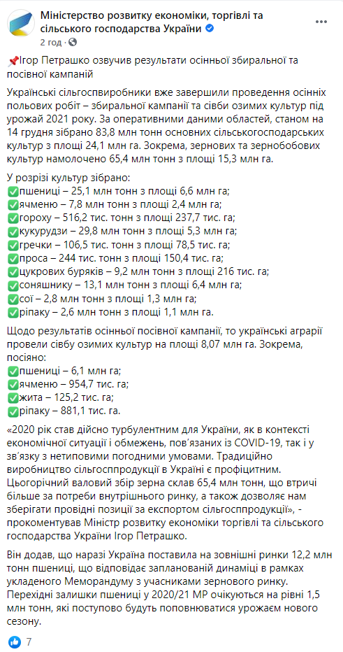 Урожай зерна в Украине стал самым бедным за последние годы. Скриншот: Минэкономики dqxikeidqxitkant