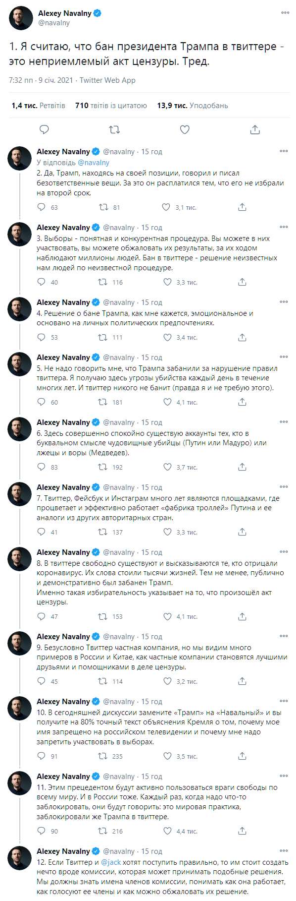 Навальный раскритиковал бан Трампу в Твиттере. Скриншот: twitter.com/navalny dqxikeidqxiqqeant