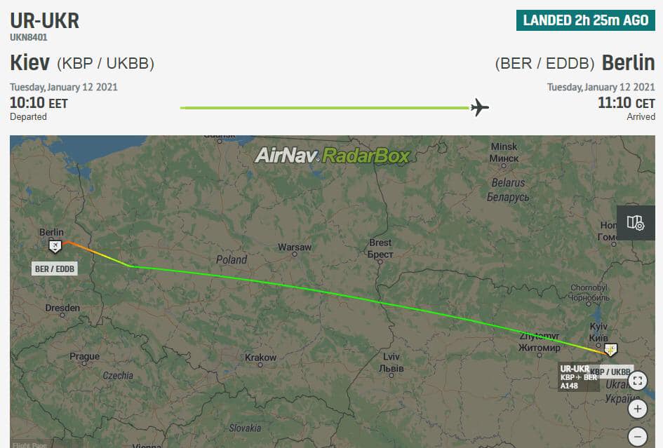 На изображении может находиться: текст «UR-UKR UKN8401 Kiev (KBP UKBB) Tuesday, January 12 2021 10:10 EET Departed LANDED 2h 25m AGO (BER EDDB) Berlin Tuesday, 12 2021 11:10 CET Arrived AirNav.RadarBox BER/ EDDB B UR-UKR KBP+ BER A148 UKBB» dqxikeidqxiqqeant