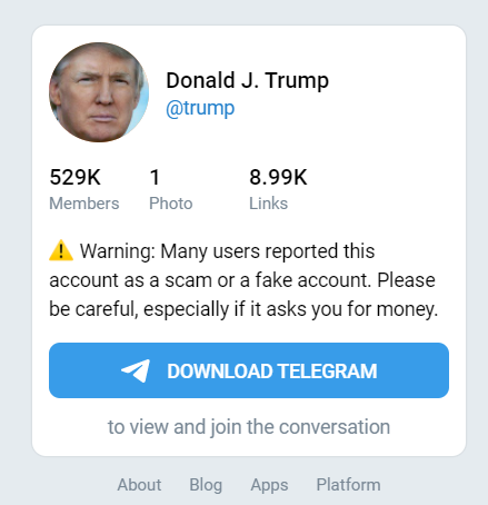Telegram обозначил канал Трампа как мошеннический dqxikeidqxitkant
