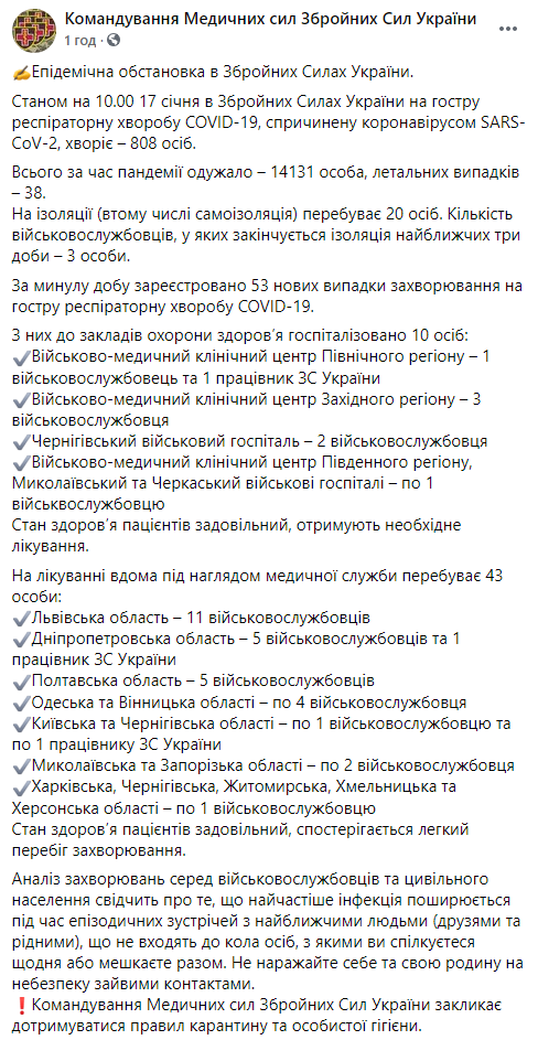Covid-19 за сутки подтвердился у более 50 украинских военных. Скриншот: Фейсбук dqxikeidqxitkant