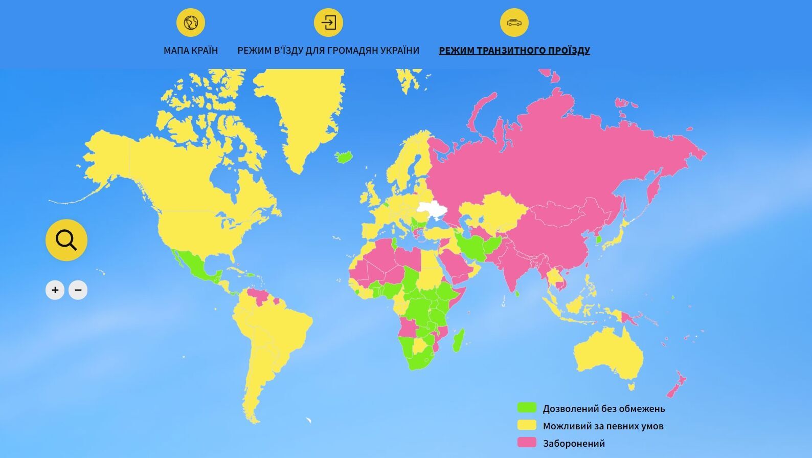 Правила транзитного пересечения. Розовый цвет – транзит запрещен, желтый – возможен при определенных условиях, зеленый – разрешен без ограничений.