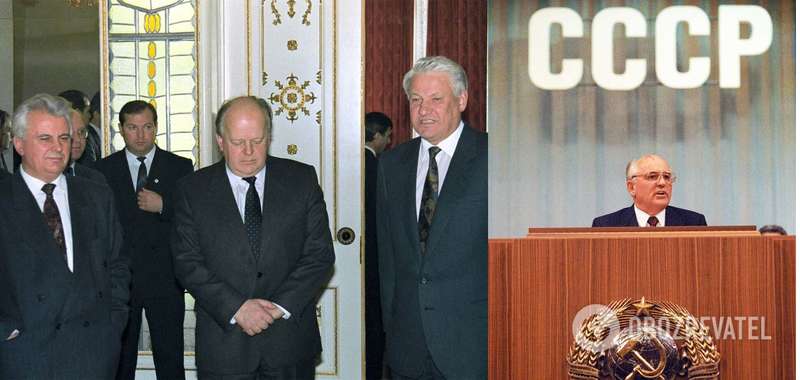 Леонид Кравчук, Станислав Шушкевич и Борис Ельцин (слева направо) после подписания Беловежского соглашения; Михаил Горбачев dqxikeidqxitkant