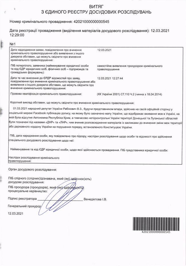 Проти нардепа ОПЗЖ Рабіновича порушили кримінальне провадження через публікацію карти України без Криму 03