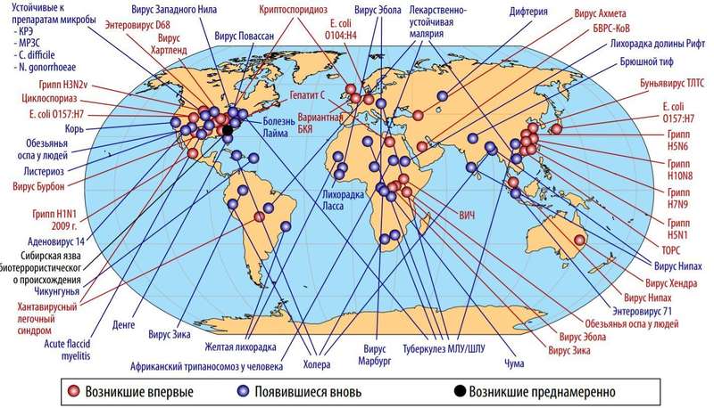 Карта появления некоторых патогенов в мире за последние 50 лет, учитывая те, которые возникли (или снова возникли) естественным путем или были выпущены в окружающую среду намеренно dqxikeidqxiqqeant