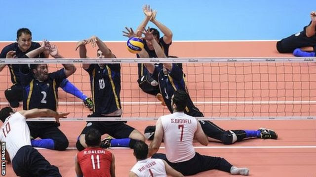 Iran and Bosnia-Herzegovina compete during the men’s sitting volleyball gold-medal match at Rio 2016
