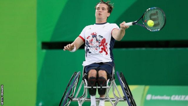 Gordon Reid of Great Britain returns a shot at the Men’s Singles Wheelchair Tennis gold medal match at the Rio Paralympic Games