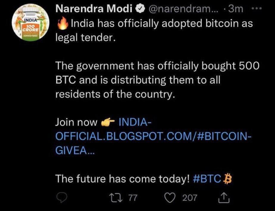 Мошенники опубликовали твит на странице премьера Индии dqxikeidqxitkant