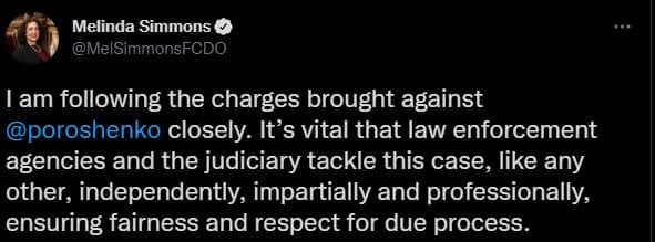 Мелинда Симонс прокомментировала подозрение для Порошенко. Скриншот из твиттера dqxikeidqxiqqeant