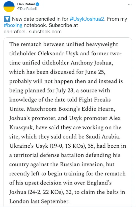 Дэн Рафаэл сообщил о новой дате реванша Усика и Джошуа. dqxikeidqxitkant