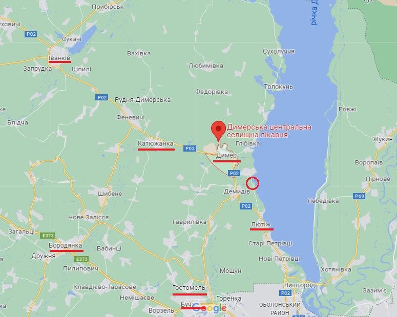 Біля Димера знизу праворуч - Козаровичі, колом позначено гирло річки Ірпінь dqxikeidqxitkant