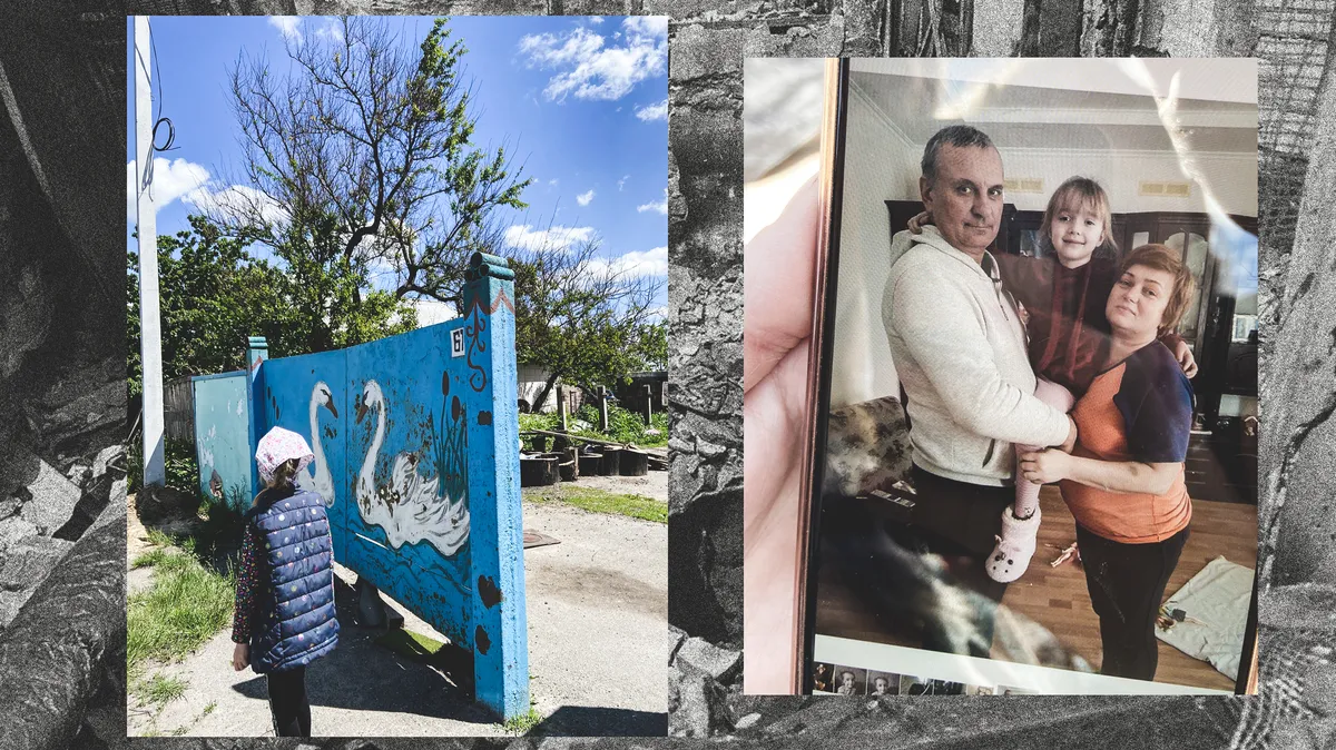 Слева — расстрелянные ворота дома Ермаковых. Справа — Игорь Ермаков и его жена Татьяна с внучкой Фото: Екатерина Фомина