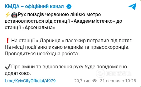 В Киеве на станции метро "Дарница" под поезд попал пассажир