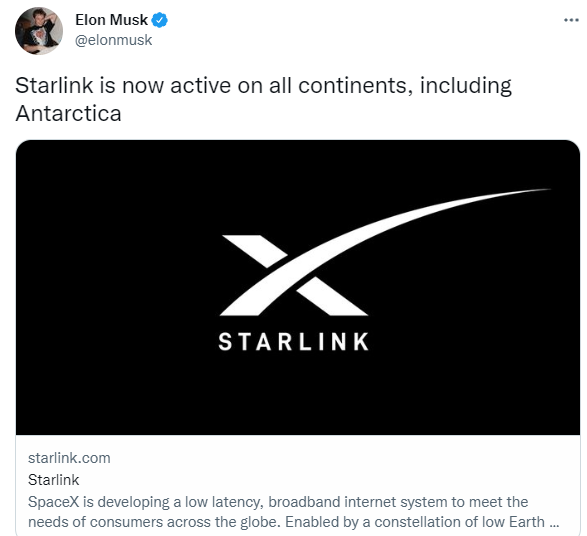 Глава компанії SpaceX Ілон Маск повідомив, що супутниковий інтернет SpaceX Starlink тепер доступний на всіх континентах планети Земля. dqxikeidqxitkant