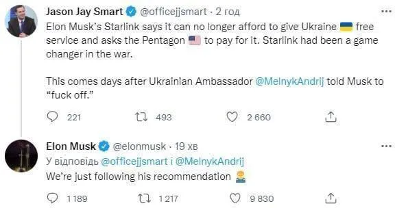 Маск прокоментував відмову забезпечувати роботу Starlink в Україні і згадав Мельника dqxikeidqxiqqeant