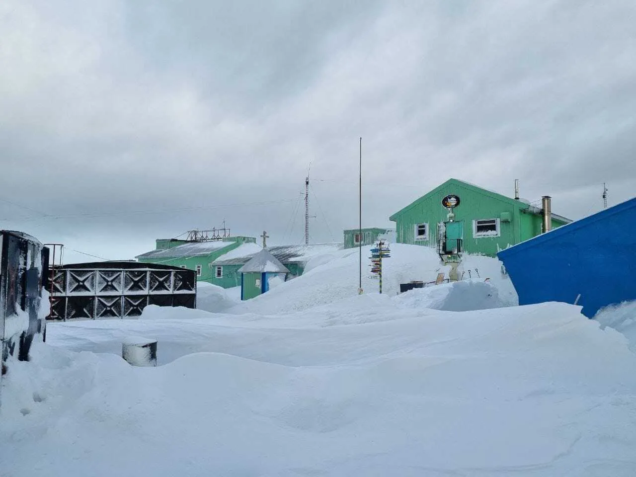 Станцию ’Академик Вернадский’ замело рекордным количеством снега: пингвины гуляют по крыше. Фото