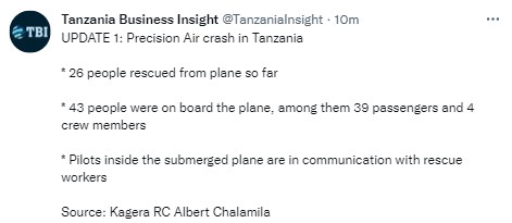 Літак авіакомпанії Precision Air зазнав аварії в Танзанії і впав в озеро Вікторія