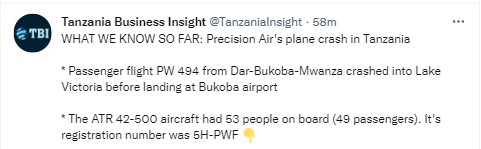Літак авіакомпанії Precision Air зазнав аварії в Танзанії і впав в озеро Вікторія