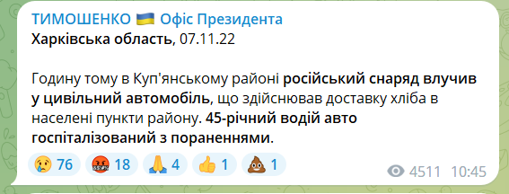 На Харківщині окупанти обстріляли авто, яке перевозило хліб: водій у лікарні dqxikeidqxitkant