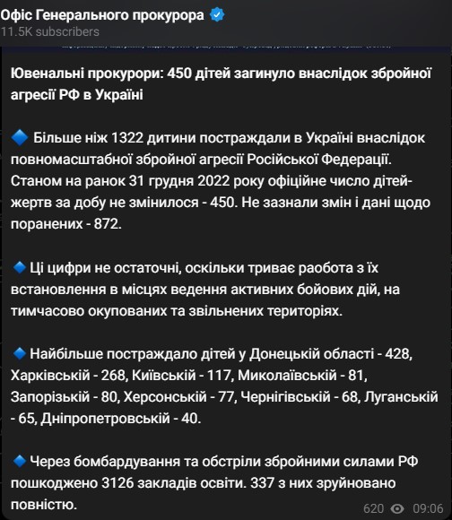 Офіс генпрокурора назвав кількість загиблих дітей