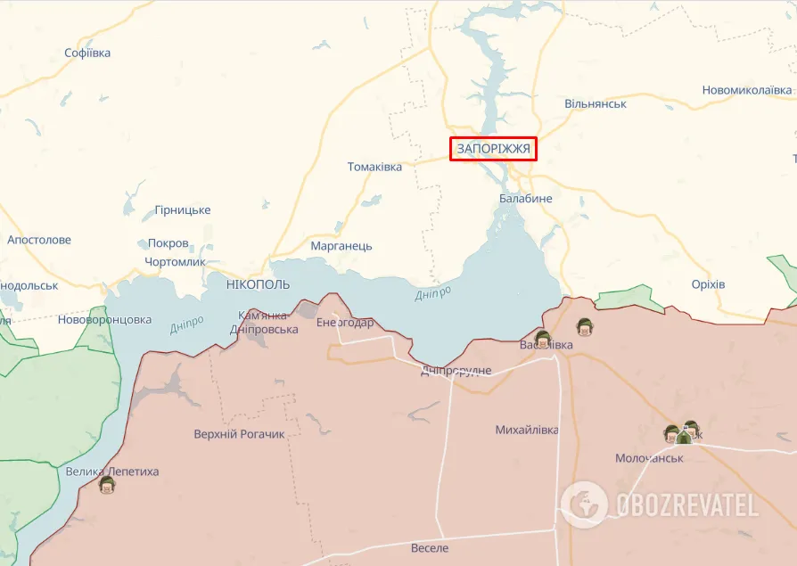 Карта лінії фронту у районі Запоріжжя