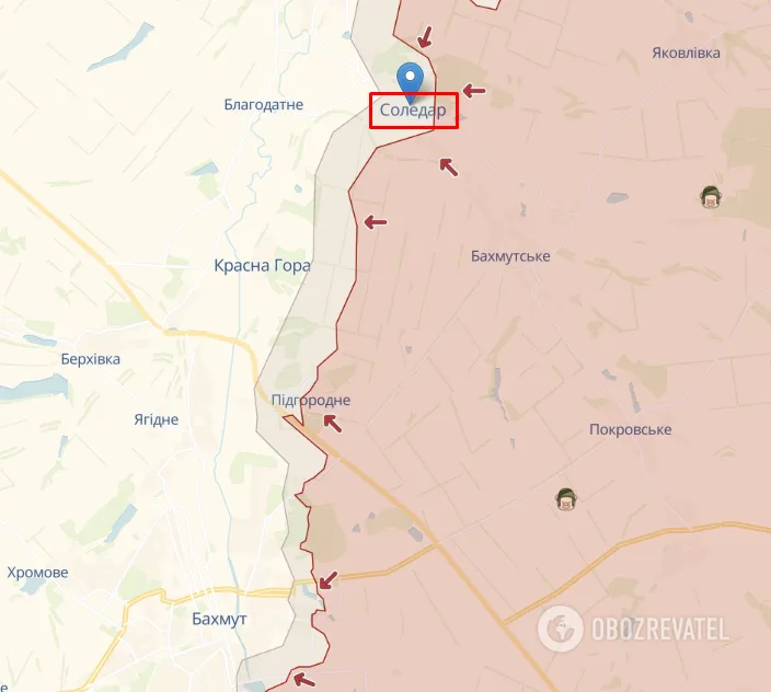 Соледар на карті бойових дій
