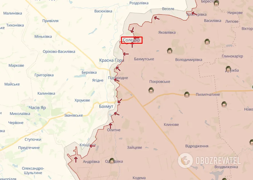 Лінія фронту в районі Соледара та Бахмута dqxikeidqxiqqeant
