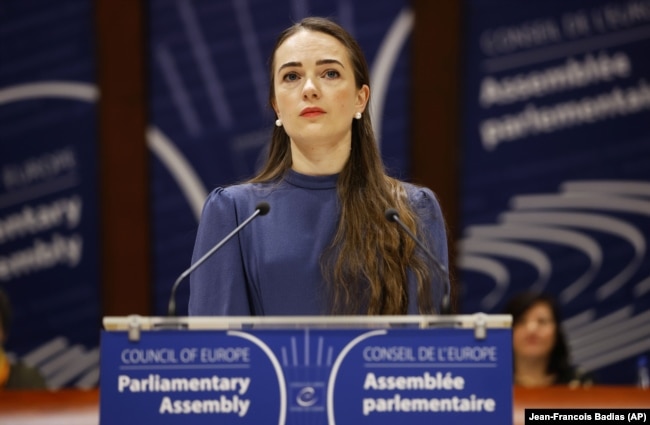 Александр Матвийчук, глава украинского Центра гражданских свобод, ставший лауреатом Нобелевской премии мира 2022 года, выступает на сессии Парламентской ассамблеи Совета Европы (ПАСЕ). Страсбург, Франция, 26 января 2023 года