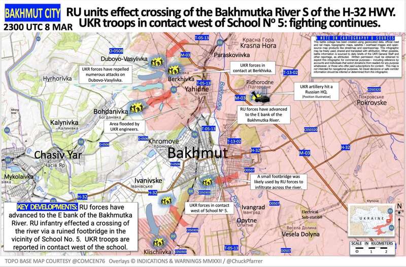 Карта ситуації у Бахмуті, яку публікує американський військовий оглядач Чак Пфаррер