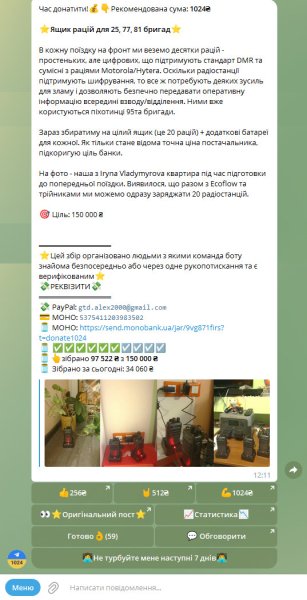 Donate1024bot, чат-бот, Телеграм, волонтеры, помощь ВСУ