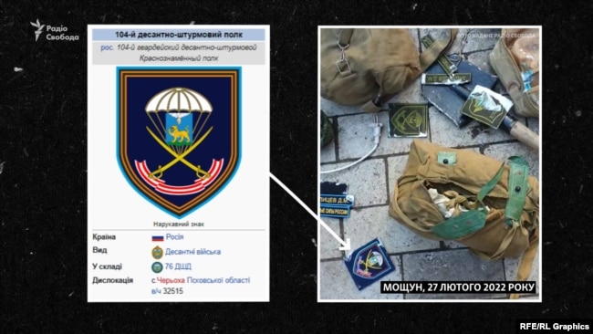 Російське військове спорядження, яке виявили мешканці Мощуна після прориву окупантів у село. Серед них, зокрема, шеврони «псковських» десантників dqxikeidqxitkant