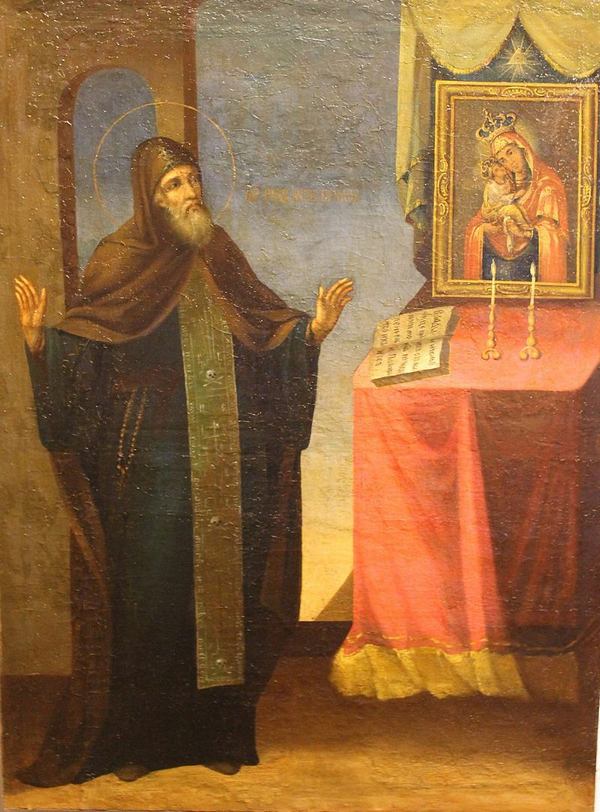 Преподобній Іов Почаївський перед іконою Матері Божої Почаївської. Полотно, олія. Кінець ХІХ ст. Джерело фото: Вікіпедія