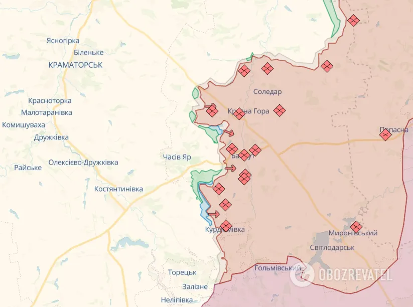 Лінія фронту у районі Бахмута