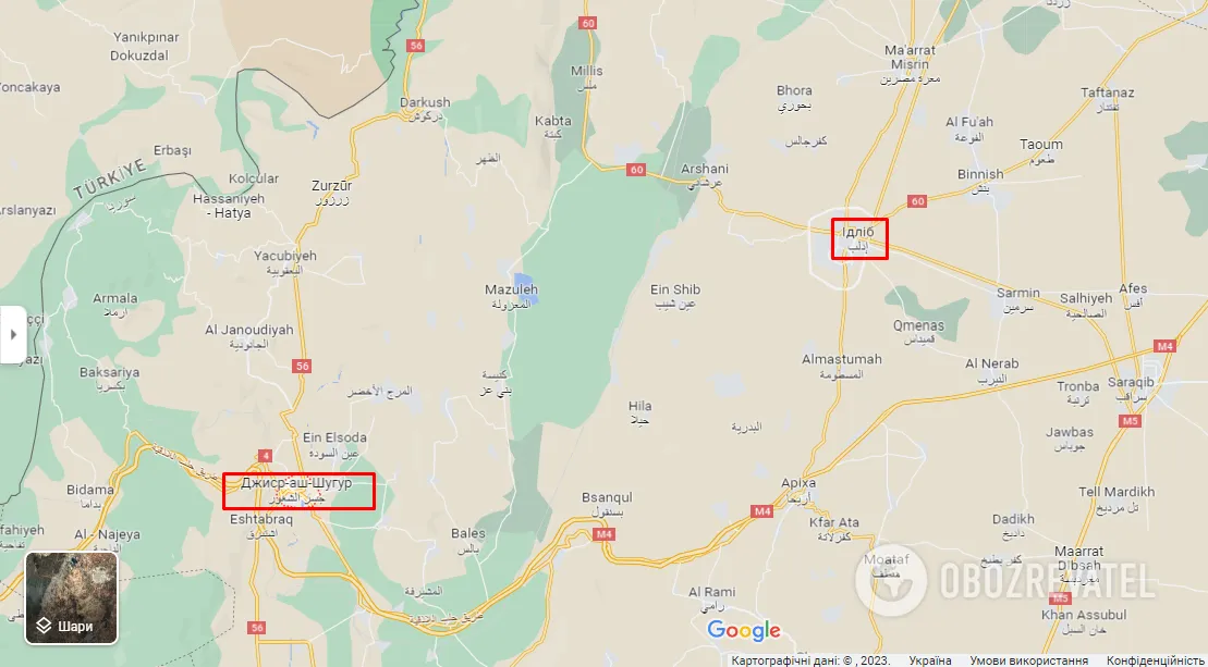 Джіср-еш-Шугур та Ідліб на карті