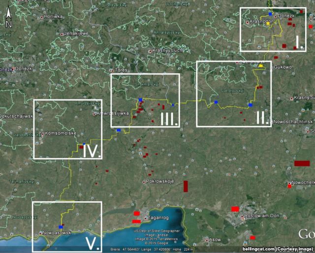 Пять зон, на которые условно разделили границу авторы расследования Bellingcat dqxikeidqxiqqeant